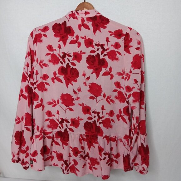 Matilda Jane XS Blouse Pink Floral Rayon Button Up Tie Neck Ruffled Long Sleeve - Picture 2 of 12